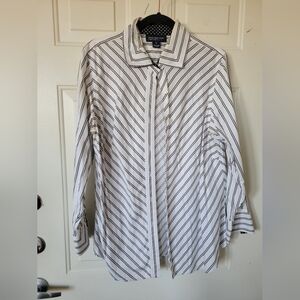 Jones New York Striped Black and White Collared Long Sleeve Shirt 1X